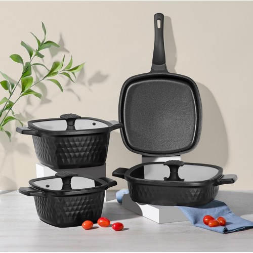 Nehir Royal Elite Square Siyah Alüminyum Döküm 7 Parça Tencere Set